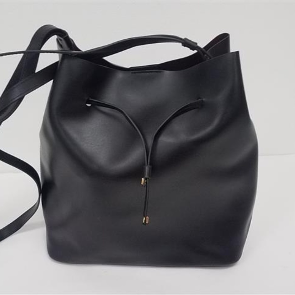 LODIS Large Black Leather Drawstring Bucket Bag